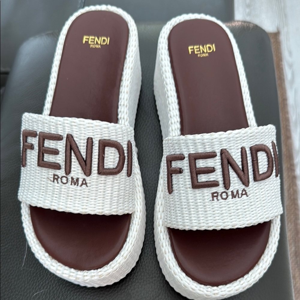 Fendi Cream and Brown Logo Slides